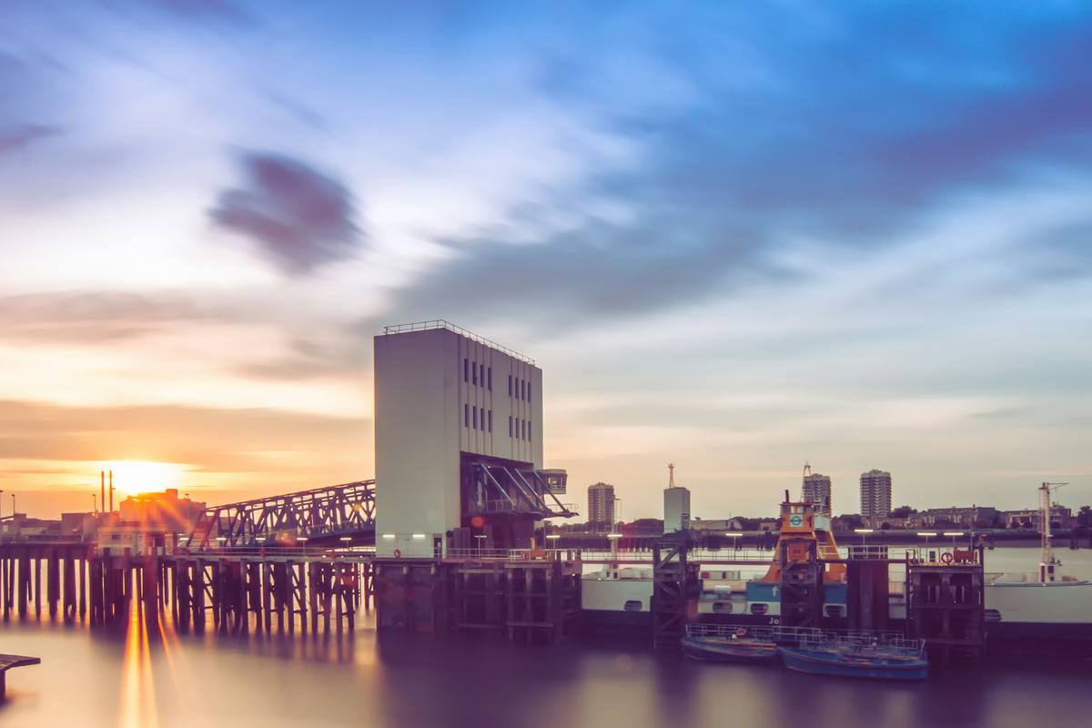 Sunset over the Thames at the Woolwich Ferry terminal, south-east London