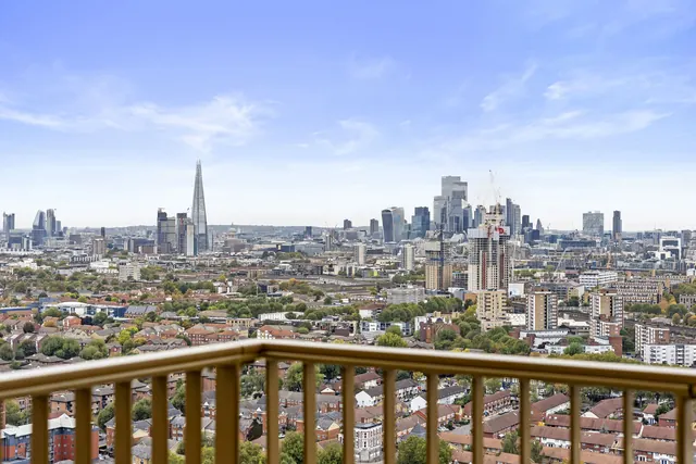 View over London from a Bermondsey Heights show home balcony