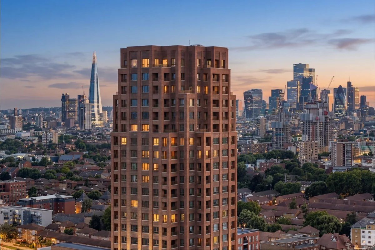Aerial view of the Bermondsey Heights tower at twilight, with the Shard and the City behind