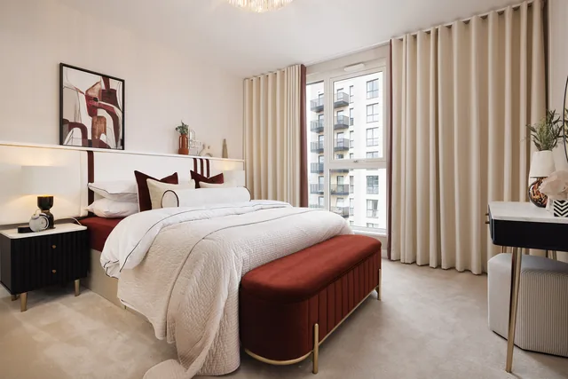 Hayes Village show home bedroom in Waterway Apartments