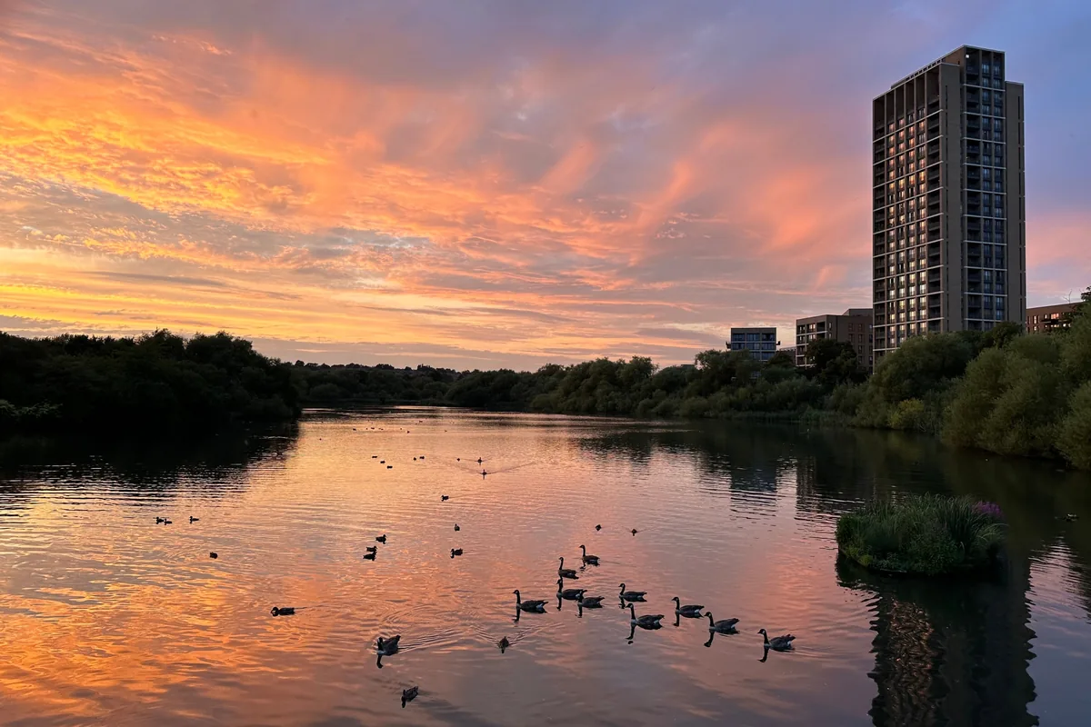 Hendon Waterside beside the Welsh Harp reservoir at dusk