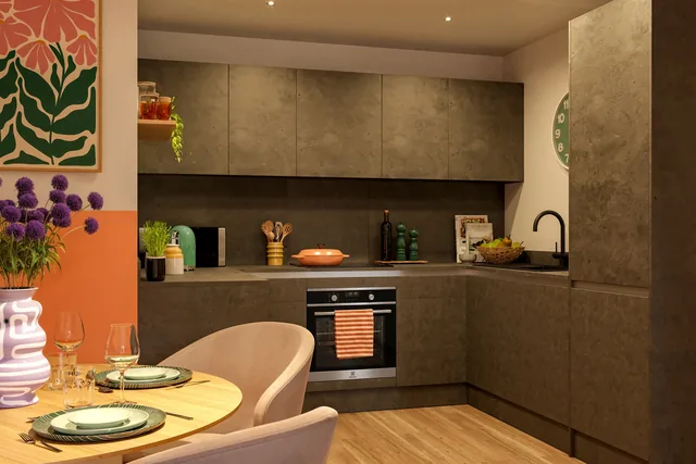 Computer-generated image of a Lightmakers three-bedroom kitchen and dining area