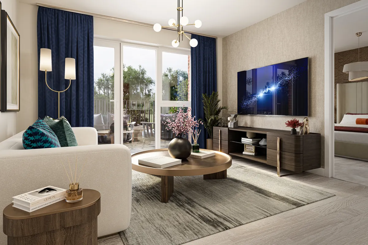 Computer-generated image of a Lightmakers two-bedroom living room
