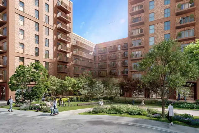 Computer-generated image of Lightmakers Square with trees and planting