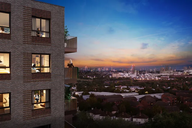 Computer-generated image of the view from the Royal Gateway roof terrace at sunset
