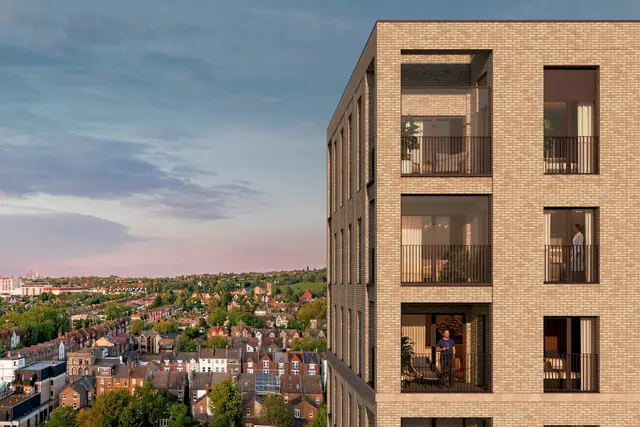 Computer-generated image of a Streatham Common Junction building at sunset