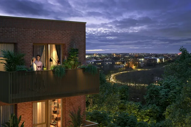 Computer-generated image of a balcony at The Lanes in the evening