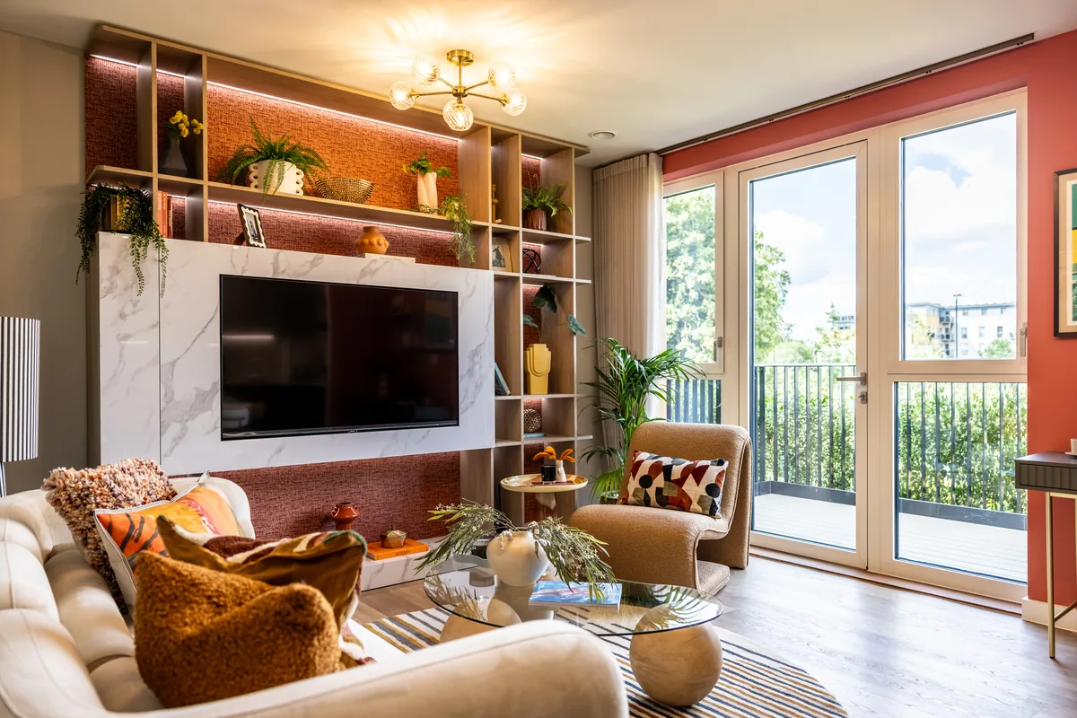 The Lanes show home living room with balcony doors