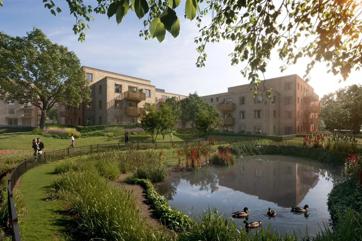 Computer-generated image of The Lanes apartment buildings beside a landscaped pond