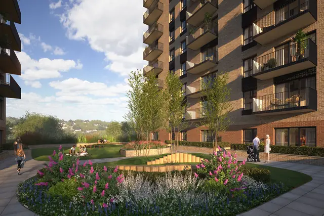 Computer-generated image of the Wembley Park Gardens podium garden