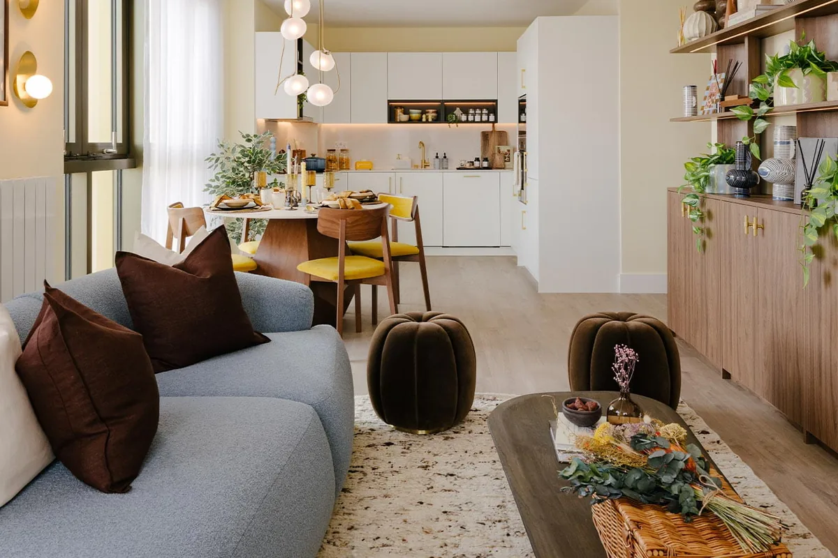 The open-plan living, dining and kitchen area of the two-bedroom show apartment at TwelveTrees Park.