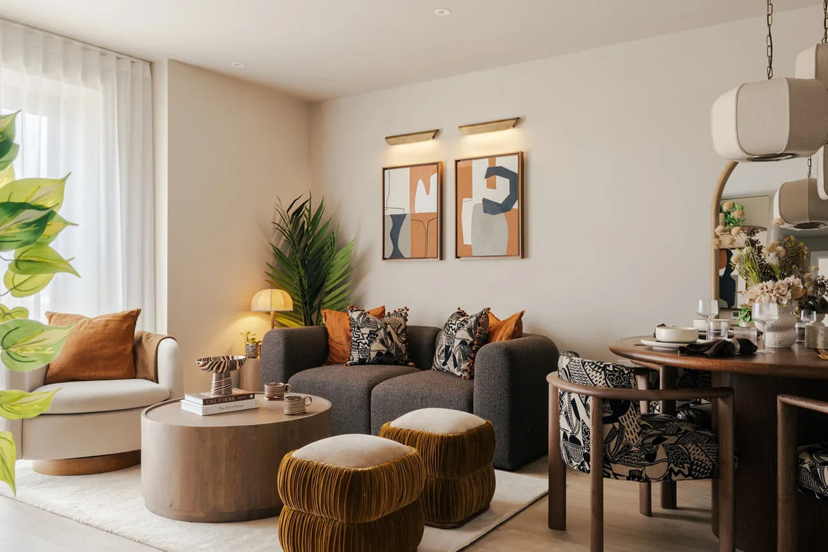 The living and dining area of the one-bedroom show apartment at Woodberry Down, with a sofa, footstools and a round dining table.