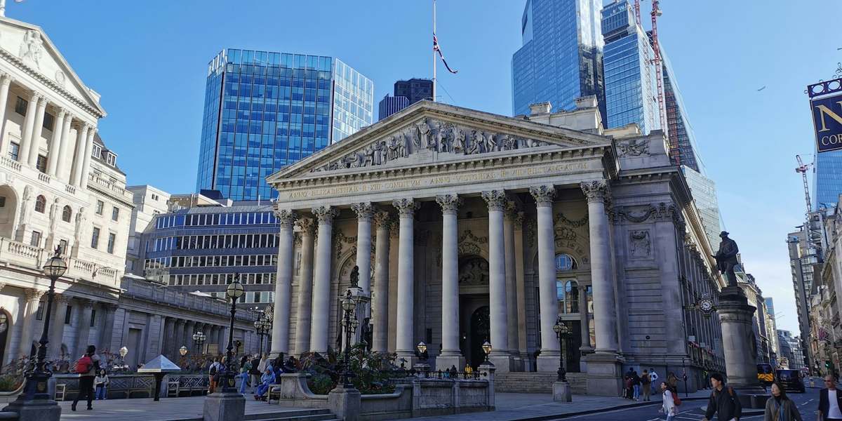 The columned front of the Royal Exchange at Bank junction in the City of London