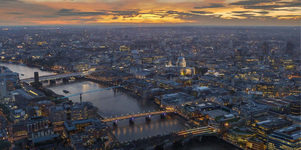 An aerial view of the River Thames and St Paul’s Cathedral at dusk