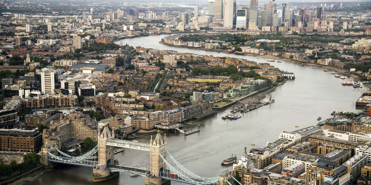An aerial view of Tower Bridge and the River Thames